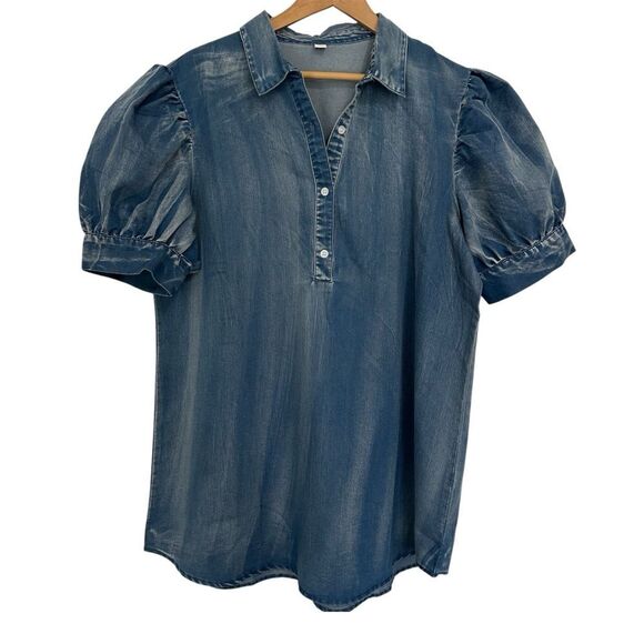 Denim Stretchy Distressed Puff Sleeve Tunic Length‎ Blouse size 2X - Picture 1 of 5